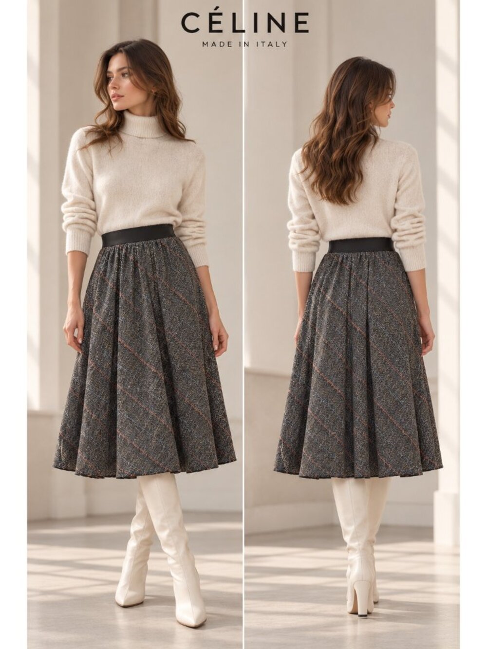 Celine Women's Wool Herringbone Plaid Full A-Line Midi Skirt Gray XS S Italy
